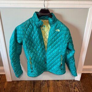 North Face ThermoBall Jacket Puffer Quilted Women's Large Teal Blue Yellow READ